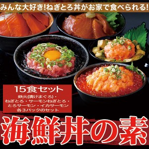 大人気の海鮮丼をどっさり★海鮮丼詰合せ計１５食 （マグロ漬け3p・ネギトロ3P サーモンネギトロ3p トロサーモン3p イカサーモン3P）