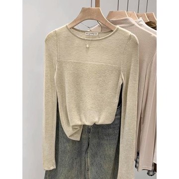 設計感針織打底衫女2025年春秋簡約夏季罩衫長袖T恤拼接薄款上衣