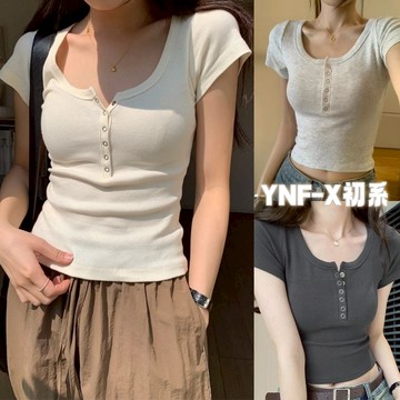 初系現貨+免運 純棉上衣 美式上衣 短版上衣 短袖 t恤女 正肩性感短袖 打底內搭棉鎖骨修身 顯瘦t恤 貼身 T恤 上衣