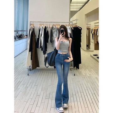 長腿蜜桃臀中高腰彈力修身顯瘦磨白微喇顯腿長高街百搭拖地牛仔褲