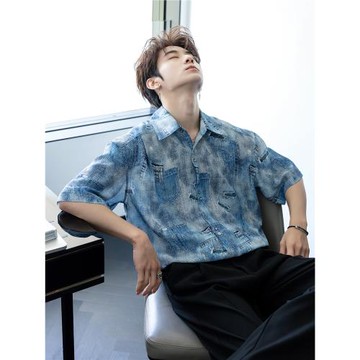 CHICERRO西西里男裝輕薄涼感防曬牛仔印花襯衫小眾設計感襯衣高級