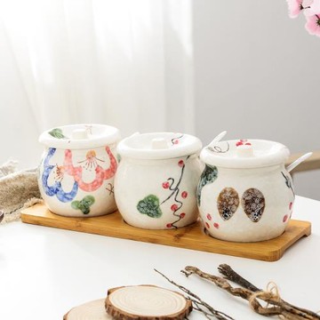 日式陶瓷調味料罐套裝調料盒組合裝鹽罐子家用調料廚房用品送托盤