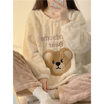 法蘭絨加厚長袖睡衣女冬季甜美秋冬小熊珊瑚絨保暖外穿家居服套裝