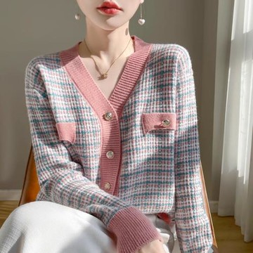 小香風洋氣款溫柔軟糯氣質百搭款V領長袖針織小開衫拼色毛衣外套