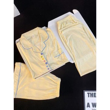 多巴胺格子睡衣女夏季純棉紗布2024新款可外穿短袖家居服三件套裝