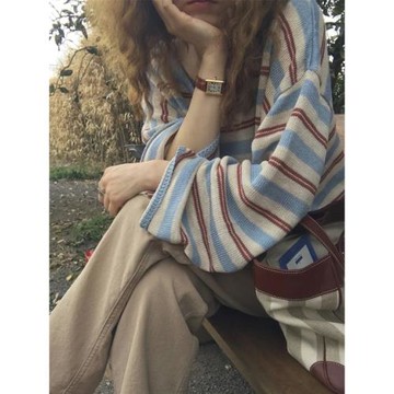 慵懶風條紋v領長袖針織衫女秋冬設計感小眾寬松打底衫t恤減齡上衣