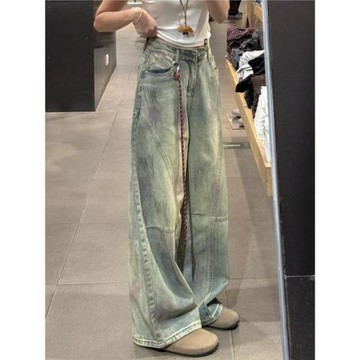 水洗做舊做臟立體裁剪闊腿牛仔褲女小個子寬松顯瘦彎刀闊腿香蕉褲