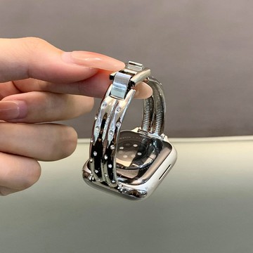 滿鑽金屬雙管手鐲式錶帶 適用Apple watch11錶帶 iwatch錶帶全系列通用錶帶 透氣錶帶