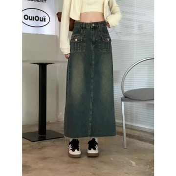 A8709L_高腰毛邊牛仔半身裙女裝秋季新款復古設計感小眾A字長裙裙子季季