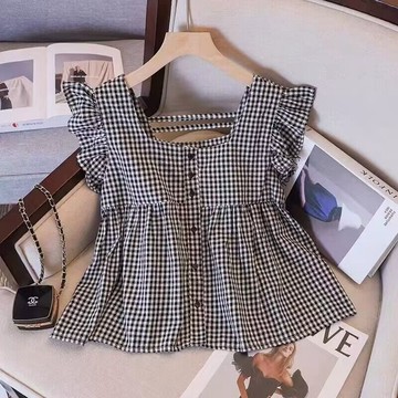 韓系少女可愛小飛袖上衣女夏方領寬鬆百搭露背小個子娃娃衫 娃娃衫上衣 夏季上衣女 短袖t恤 襯衣 短袖襯衫 法式上衣