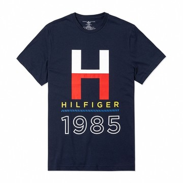 Tommy Hilfiger 熱銷印刷大H文字圖案短袖T恤-深藍色