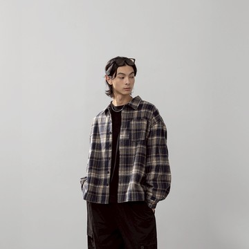 QUEENSHOP_F 男裝 磨毛復古格紋外套(藍) 現+預 【02071684】