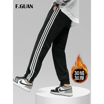 冬運動褲男加絨束腳褲潮牌休閑褲寬松加厚保暖校服長褲三條杠衛褲