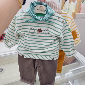 韓國童裝 24秋新男女寶寶細條紋落肩印花長袖上衣 長褲休閑套裝