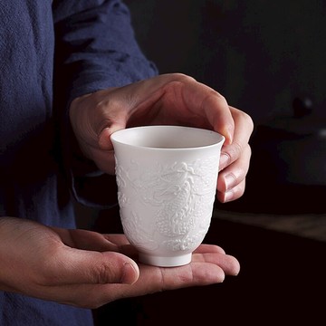 德化白瓷羊脂玉茶杯陶瓷浮雕高白瓷主人杯功夫茶具品茗杯子