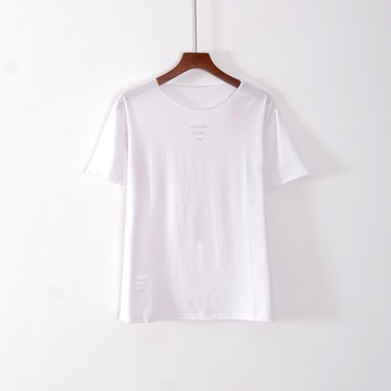 女裝短袖修身圓領破洞純色青春淑女T恤衫薄款顯瘦