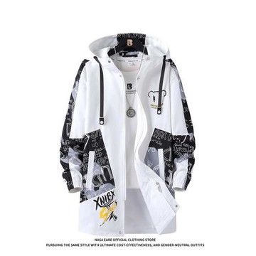 NASAB-EARE春秋款2026撞色印花外套男中長款青少年潮牌中學生風衣