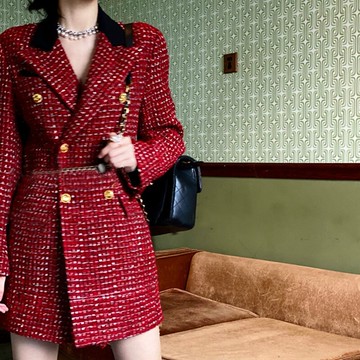2022高端品質名媛西裝毛呢外套女秋冬法式中長款紅色西裝連衣裙潮