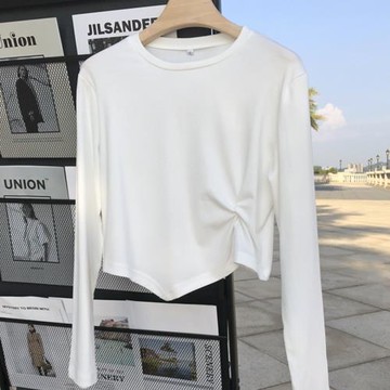 新款小眾韓版圓領長袖秋T恤女寬松不規則褶皺打結洋氣上衣打底衫