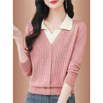 高檔潮流假兩件紐扣針織衫2024秋冬新款百搭寬松POLO領內搭上衣女