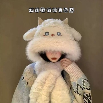 两件9.9折🔥臺灣出貨🔥可開發票✅可愛小綿羊毛絨帽女冬季新款防寒保暖帽子圍巾一體加厚護耳雷鋒帽