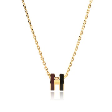 HERMES mini Pop H雙色立體簍空橢圓項鍊(酒紅黑/金鍊)｜GoBrand購名牌
