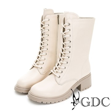 GDC-英倫搖滾真皮純色粗跟馬丁中筒靴-米色