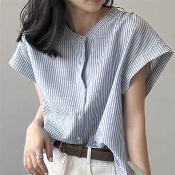 【米蘭精品】現貨+預購 法式寬鬆襯衫上衣短袖罩衫T恤大碼休閒女裝-日繫條紋女上衣淺74ma24