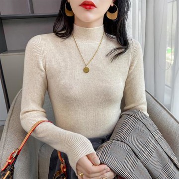 修身打底針織衫女半高領長袖保暖毛衣短款純色內搭中領簡約百搭衫