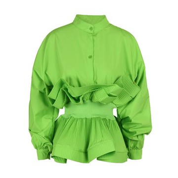 EAM STUDIO不規則荷葉邊收腰襯衫女設計感小眾泡泡袖顯瘦長袖上衣