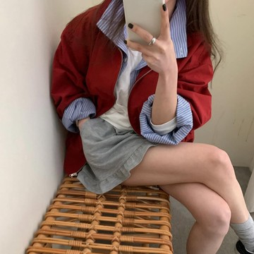 ˏˋ 𝐻𝑒𝑦 𝑆𝑝𝑟𝑖𝑛𝑔 - ̗̀ 🌷⛅️ ̖́‎韓國~秋季時尚慵懶條紋拼接翻領拉鍊開衫夾克外套女