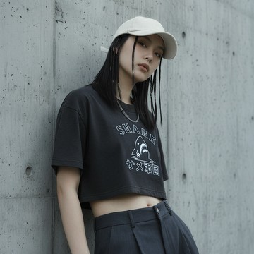 CACO-洗水暗黑鯊魚圖樣短T‧情侶款(二色)-女【L2NA011】