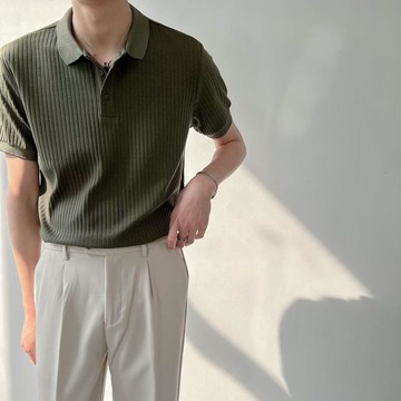 【韓系美式復古】男士T恤 短袖上衣 翻領POLO衫 針織衫 時尚休閒 夏季薄款 冰絲純色上衣 修身百搭 條紋針織衫 短袖