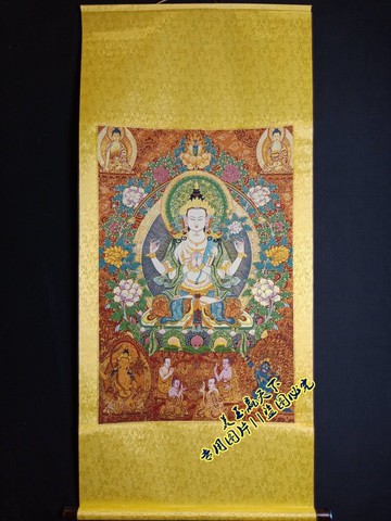 唐卡金絲刺繡織錦畫 布畫 藏佛四臂觀音像 度母掛畫 中堂畫已裝裱