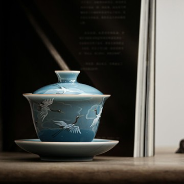 德化三才蓋碗單個禪意家用功夫茶具大號瑞鶴泡茶碗不燙手茶杯陶瓷