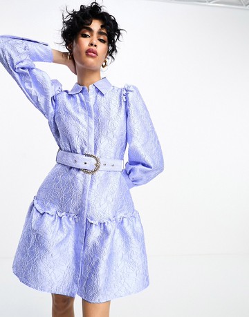 Y.A.S jacquard belted mini shirt dress in lilac-Purple