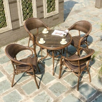 ╭☆雪之屋☆╯SET-3001 復古藤椅組(一桌四椅)(鋁製)/戶外休閒桌椅SET-3001