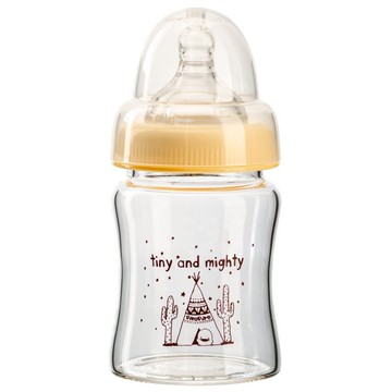 PiYOPiYO 黃色小鴨 寬口葫蘆玻璃奶瓶  耐高溫不易破裂  媽咪乳感奶嘴防脹氣  安全無毒矽膠材質  120ml  1個