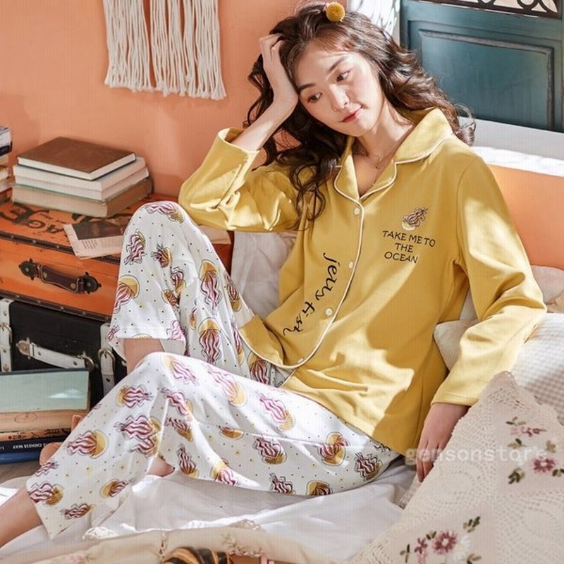 パジャマ レディース 長袖 前開き 春秋 上下セット 寝巻き 部屋着 プリント柄 可愛い 韓国風 おしゃれ ルームウエア ゆったり 大きいサイズ 女性 通販 Lineポイント最大get Lineショッピング