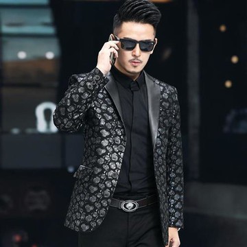 【米蘭精品】真皮皮衣外套-綿羊皮時尚玫瑰印花西裝商務男外套黑色74ja63