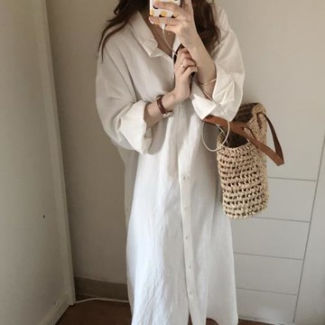 春秋襯衫女新款文藝休閑防嗮衫長袖翻領純色襯衣中長款透氣薄外套