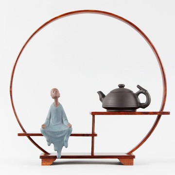 紅檀博古架簡約圓形多寶閣實木茶壺架擺件架禪意置物架工藝品架子