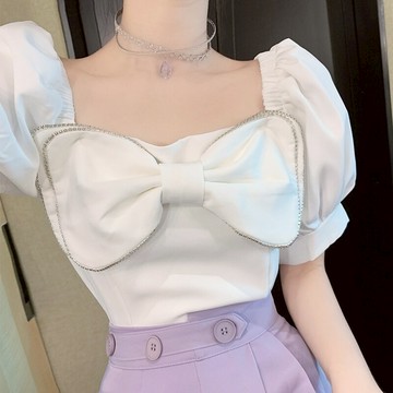 法式蝴蝶結襯衫女設計感小眾夏季時尚氣質方領泡泡短袖短款上衣潮