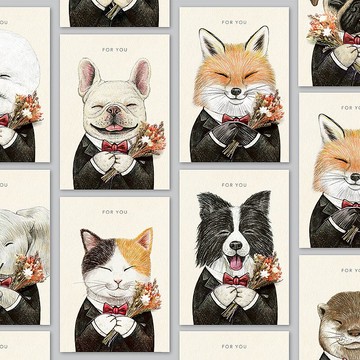 【西裝款】動物插畫卡片_溫馨手繪/乾燥花/萬用卡
