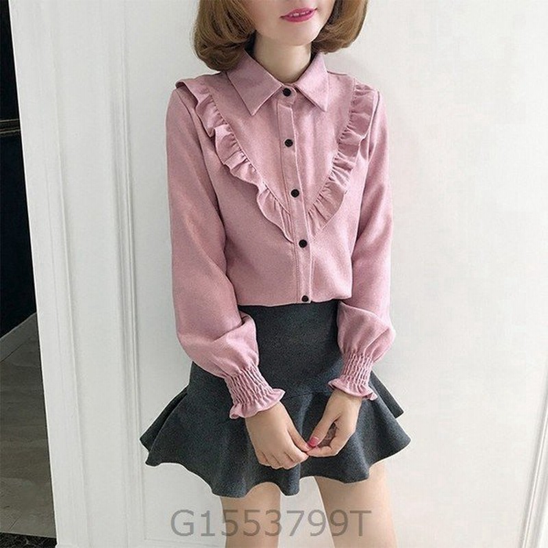 フリルブラウスピンクラッフル長袖レディース袖肩おしゃれ可愛いかわいい大人カジュアルファッション春秋冬コーデ胸元白グリーンブラウン 通販 Lineポイント最大0 5 Get Lineショッピング