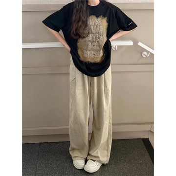 日系休閑直筒褲中性女夏季卡其色工裝褲子松緊腰慵懶垂感闊腿長褲