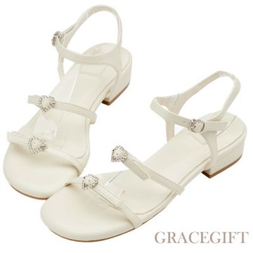 【Grace Gift】夢露日常愛心水鑽雙帶繞踝中跟涼鞋 杏