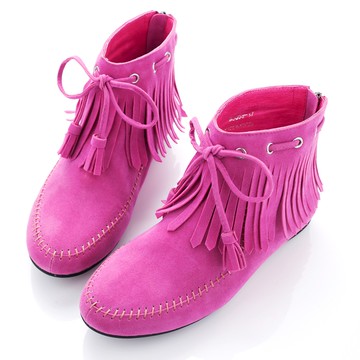 G.Ms. 流蘇綁帶豆豆底短靴-桃紅色35碼