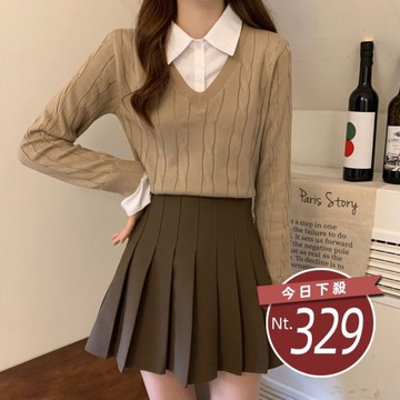 【台灣發貨】韓版翻領假二件襯衫針織上衣 長袖上衣 長袖t恤 衣服 女裝 上衣【W467】