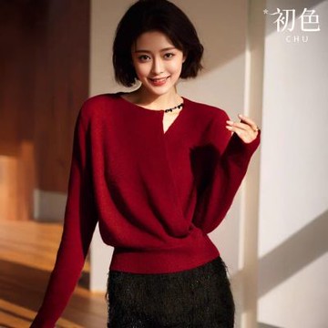 初色 休閒簡約純色串珠鍊式鏤空圓領長袖交襟針織毛衣上衣女上衣-共3色-15438(F可選)